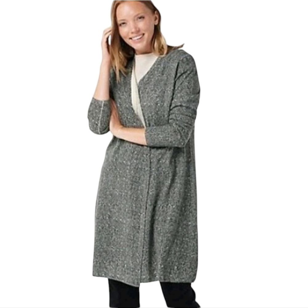 Soft by Naadam 100% Cashmere Herringbone Printed Long Cardigan Sweater Grey M